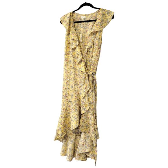 Max Studio Summer Wrap Dress Ruffle Midi Yellow Floral Flowy Hi Lo Sz L - Picture 2 of 9